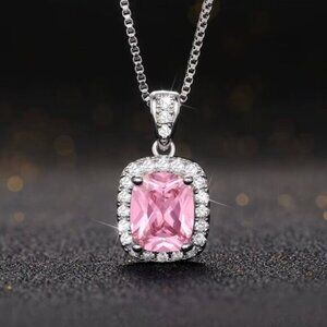 NEW 925 Sterling Silver Pink Sapphire Diamond Necklace